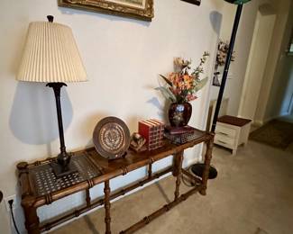 lamp, decorative plate, vase, bamboo console table, floor lamp