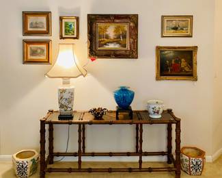 Hand painted oil paintings, bamboo consul table, Asian lamps and pots