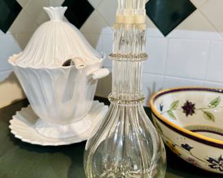 soup tureen, vintage 4 chamber decanter 