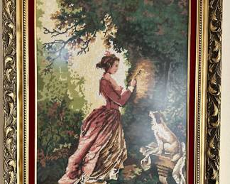 "Woman Carving Her Initials" by Richarda Igra, 1969, vintage Margot de Paris needlepoint canvas inside velvet trimmed gilded wood frame 