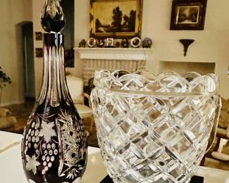 black crystal bottle w/ stopper and vintage crystal bowl