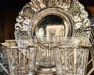 silver-plated bowl, vintage tea glasses in metal holders with handle