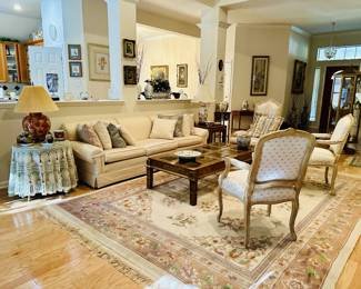 sofa, lamp, side table, accent chairs, wool rug