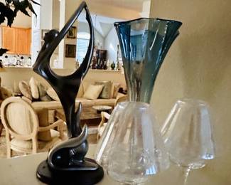 abstract dancer figurine, vintage mid-century blue fan-shaped blown glass