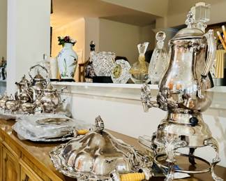 Vintage silver-plated serving set, platter, samovar coffee urn (carafe), decorative glassware, crystal vase, crystal bottle