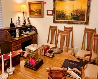 MCM all wood dining table and chairs, secretary desk