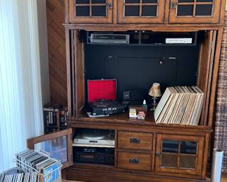 Albums, turn tables, cds, tv cabinet
