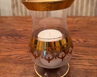 Gold Leaf Overlay Crystal Hurricane Candle Holder