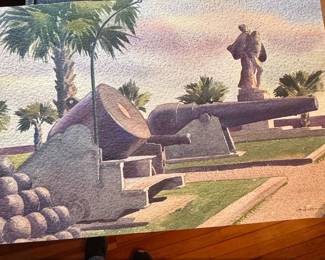 Watercolor Painting of Cannons and Monument