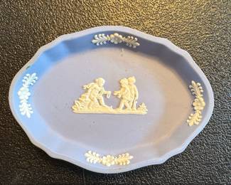 Wedgwood Blue Jasperware Oval Trinket Dish with Cherubs and Floral Sprigs