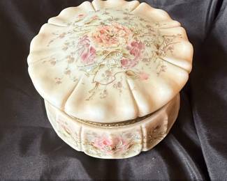 Antique Wave Crest Art Glass Dresser Box with Floral Motif