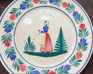 HB Quimper Faience Plate with Breton Woman, F. D.