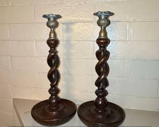 Antique English Oak Barley Twist Candlesticks with Brass Accents Pair