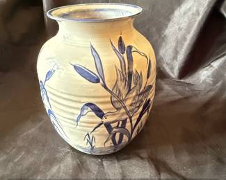 Blue and White Ceramic Vase with Floral and Bird Motif