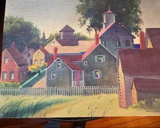 Watercolor Painting of Coastal Village by Sandor Bernath