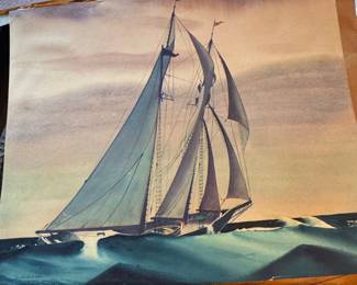 Watercolor Paintings of Schooners and Seagulls by Sandor Bernath