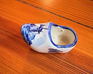 Delft Blue Ceramic Clog Planter with Windmill Scene second image