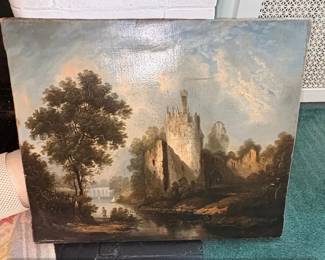 th Century European Landscape Painting with Castle and River