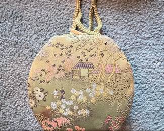 Vintage Japanese Silk Brocade Evening Bag with Landscape Scene