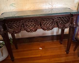 Antique Chinese Carved Rosewood Altar Console Table with Marble Top