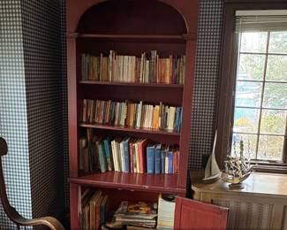 Vintage Red Arch Top Bookcase with Mixed Collection of Books