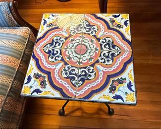 Vintage Talavera Tile Top Side Table with Wrought Iron Base