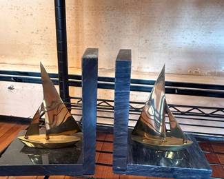 Vintage Brass Sailboat Bookends with Marble Base