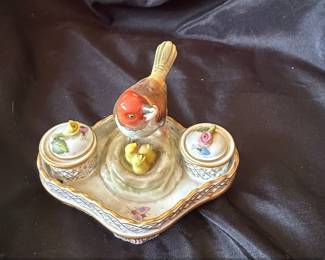 Herend Porcelain Double Inkwell with Bird and Chicks