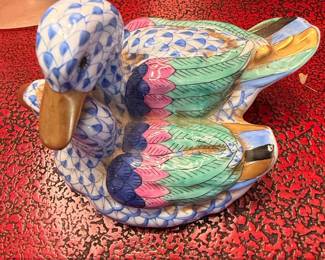 Herend Hungary Handpainted Porcelain Blue Fishnet Duck Figurine