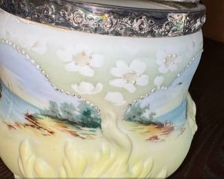 Victorian Biscuit Barrel with HandPainted Landscape and SilverPlated Mount second image