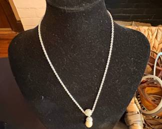 Silver Tone Rope Chain Necklace with Pearl Pendant