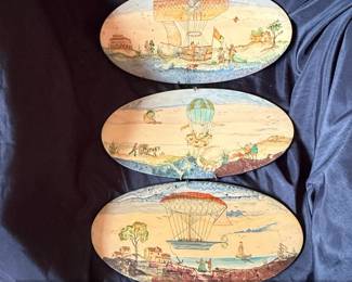Vintage Oval Wall Plaques with Hot Air Balloon Scenes French Style Set of