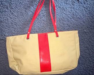 Tan Canvas Tote Bag with Red Stripe and Leather Straps