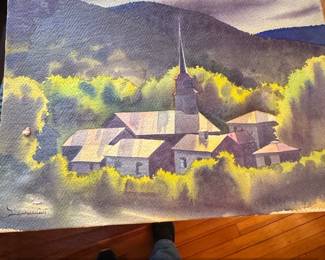 Watercolor Landscape of a Village Church by Sandor Bernath