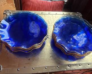 Cobalt Blue Glass Ruffled Edge Plates with Gold Tone Trim