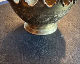 Vintage Indian Brass Embossed Floral Pedestal Bowl
