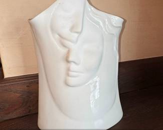 White Ceramic Abstract Two Faces Vase Signed Jamie Mc 2005