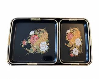 Vintage Japanese Black Lacquer Serving Trays Set with Peacock and Floral Motif second image