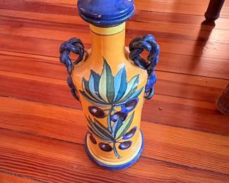 Ceramic Olive Oil Dispenser with Blue Lid and Handles