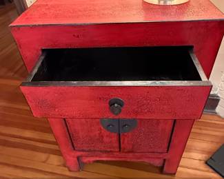 Red Lacquered Chinese Nightstand with Drawer and Cabinet third image