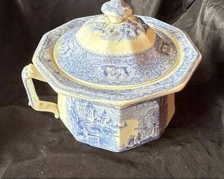 Victorian Monterey Pattern Blue Willow Transferware Chamber Pot with Lid by J. Heath