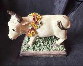 Capodimonte Ceramic Bull Figurine with Floral Garland Costa
