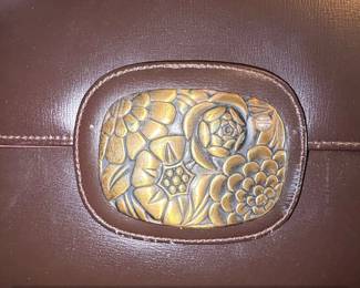 Vintage Brown Faux Leather Handbag with Floral Clasp and HandTooled Detail second image