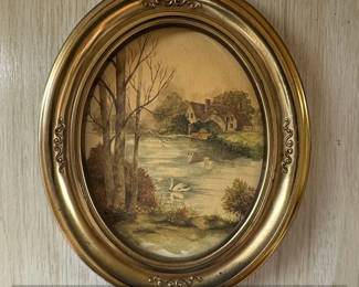 Oval Gilt Frame with Landscape Painting of a Swan and Cottage