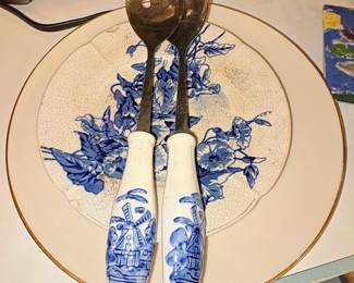 Vintage Delft Blue Windmill Salad Servers
