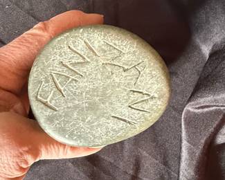 Green Stone Carving of a Face with Runes third image