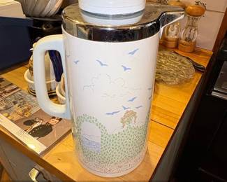 Vintage Thermos Carafe with Landscape and Bird Motif