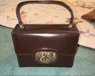 Vintage Brown Faux Leather Handbag with Floral Clasp and HandTooled Detail