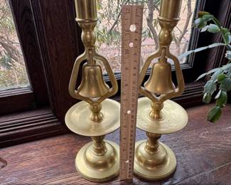 Pair of Antique English Victorian Brass Tavern Bell Candlesticks