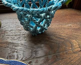 Blue Ceramic Rope Form Basket